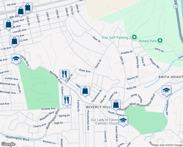 map of restaurants, bars, coffee shops, grocery stores, and more near 132 Park Street in Huntington