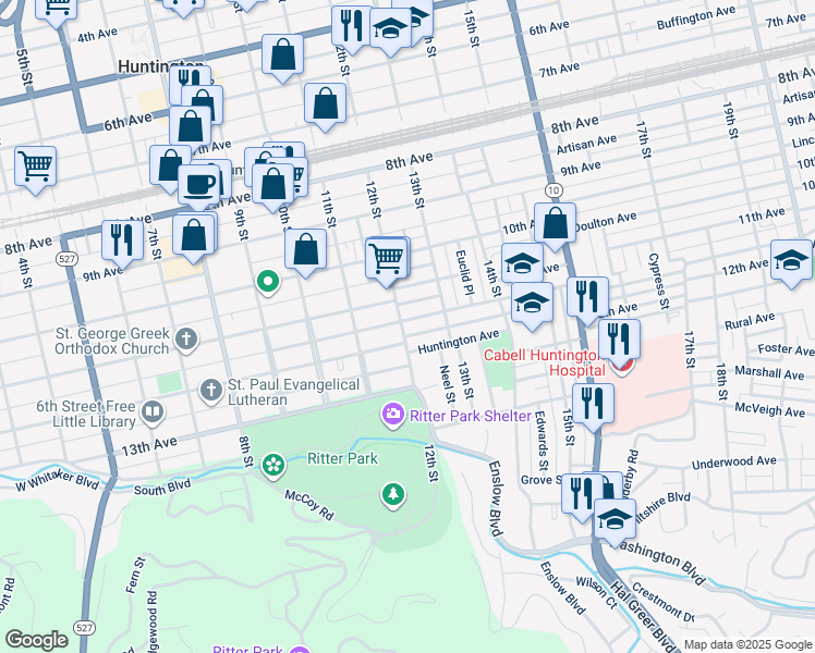 map of restaurants, bars, coffee shops, grocery stores, and more near 1202 12th Street in Huntington