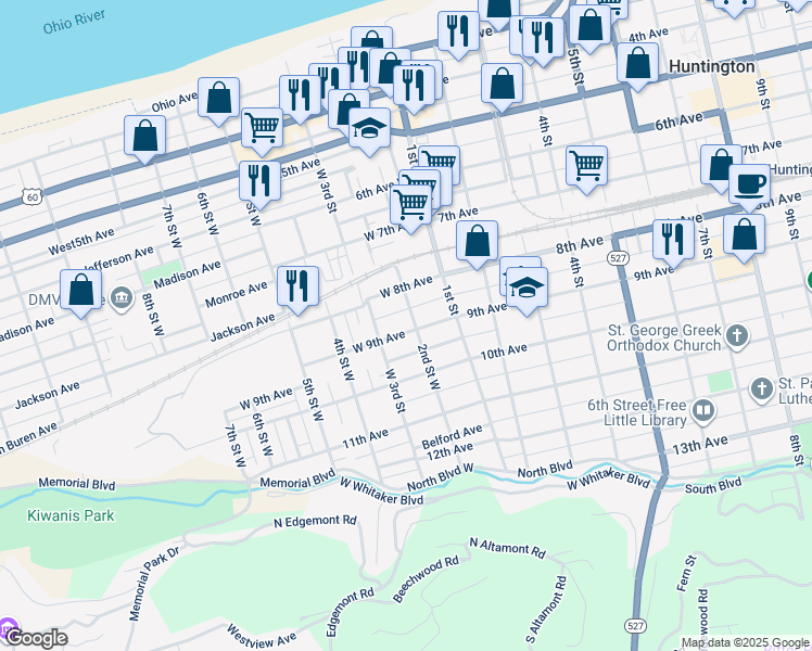 map of restaurants, bars, coffee shops, grocery stores, and more near 219 West 9th Avenue in Huntington