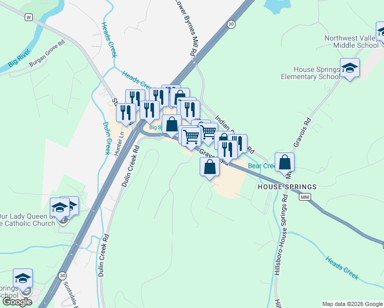 map of restaurants, bars, coffee shops, grocery stores, and more near 4654 Gravois Road in House Springs