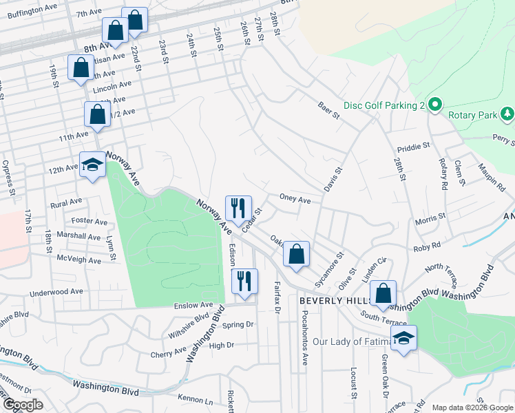map of restaurants, bars, coffee shops, grocery stores, and more near 135 Cedar Street in Huntington