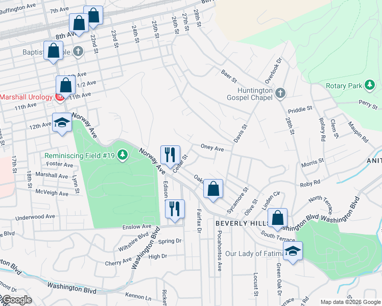 map of restaurants, bars, coffee shops, grocery stores, and more near 154 Cedar Street in Huntington