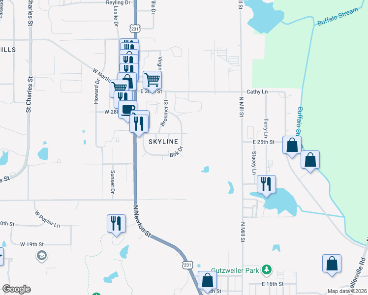map of restaurants, bars, coffee shops, grocery stores, and more near 2549 Birk Drive in Jasper