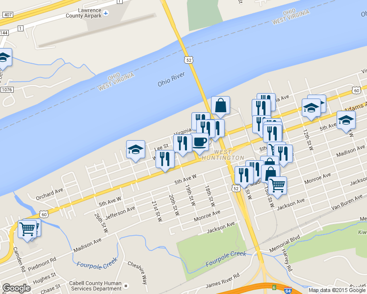map of restaurants, bars, coffee shops, grocery stores, and more near 1832 Washington Avenue in Huntington