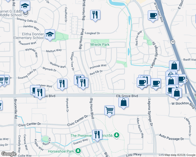 map of restaurants, bars, coffee shops, grocery stores, and more near 9562 Dominion Wood Lane in Elk Grove