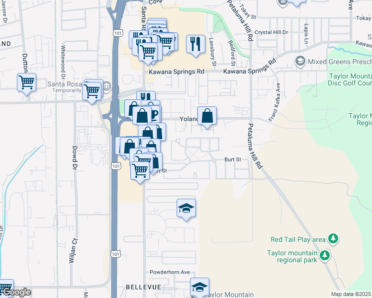 map of restaurants, bars, coffee shops, grocery stores, and more near 2301 Summercreek Drive in Santa Rosa