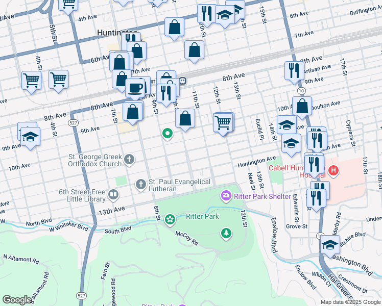 map of restaurants, bars, coffee shops, grocery stores, and more near 1018 12th Avenue in Huntington