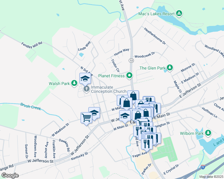 map of restaurants, bars, coffee shops, grocery stores, and more near 401A North 4th Street in La Grange