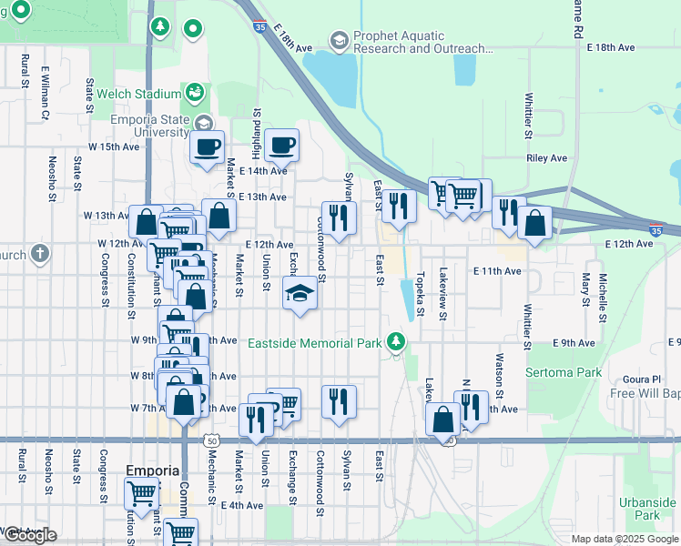 map of restaurants, bars, coffee shops, grocery stores, and more near 1015 Sylvan Street in Emporia