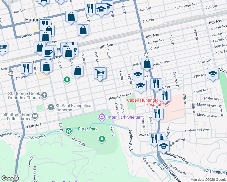 map of restaurants, bars, coffee shops, grocery stores, and more near 1302 Neel Street in Huntington