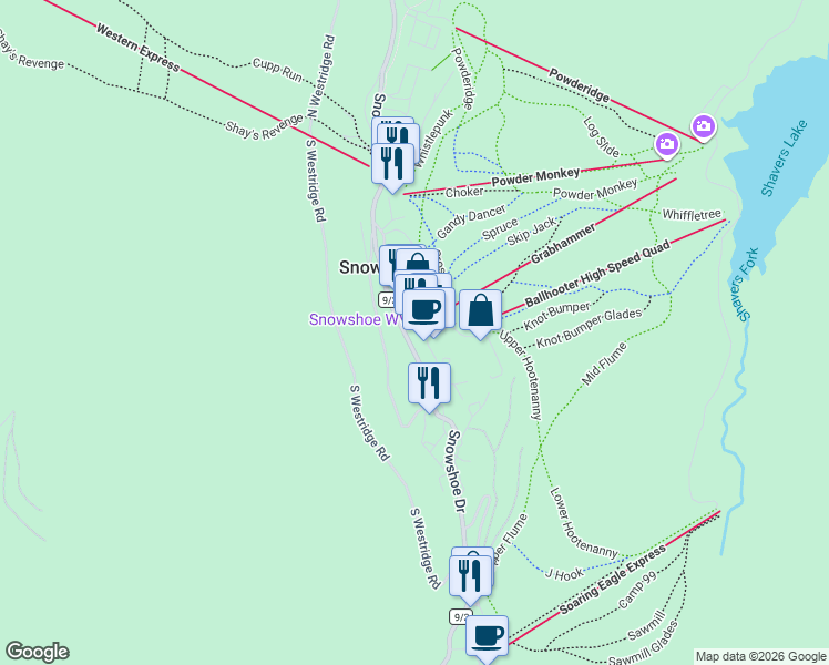 map of restaurants, bars, coffee shops, grocery stores, and more near 6 Stemwinder Street in Slaty Fork