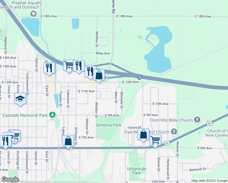map of restaurants, bars, coffee shops, grocery stores, and more near 1025 Mary Street in Emporia