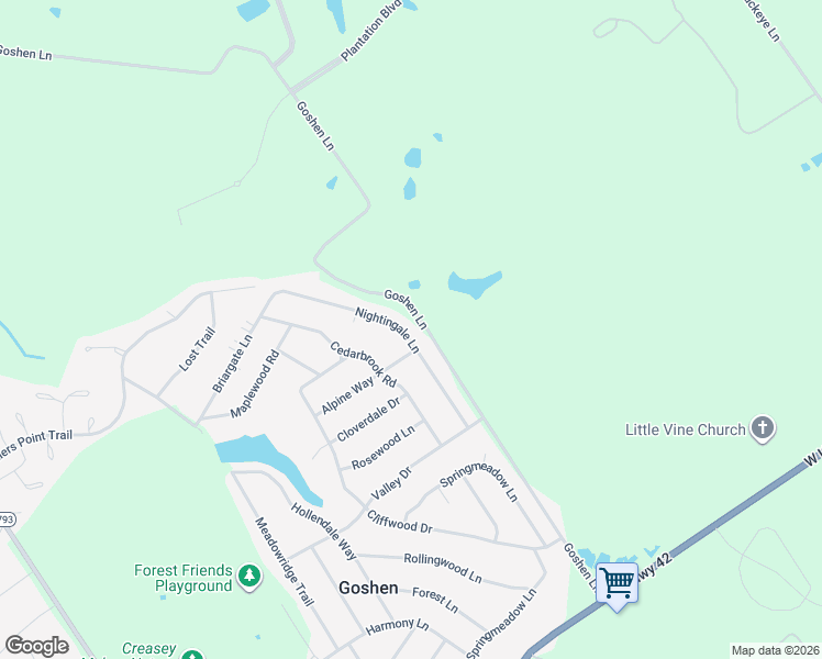 map of restaurants, bars, coffee shops, grocery stores, and more near 1221 Nightingale Lane in Goshen