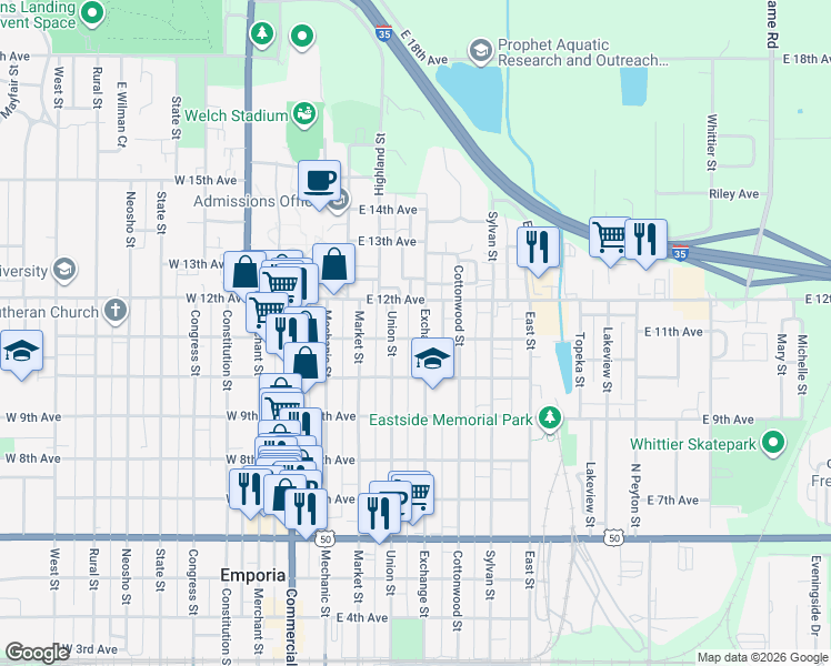 map of restaurants, bars, coffee shops, grocery stores, and more near 1019 Exchange Street in Emporia