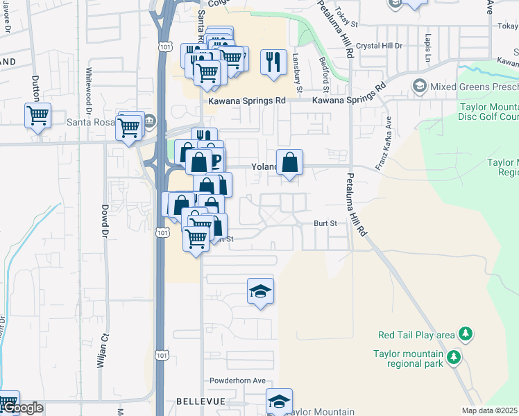 map of restaurants, bars, coffee shops, grocery stores, and more near 2301 Summercreek Drive in Santa Rosa