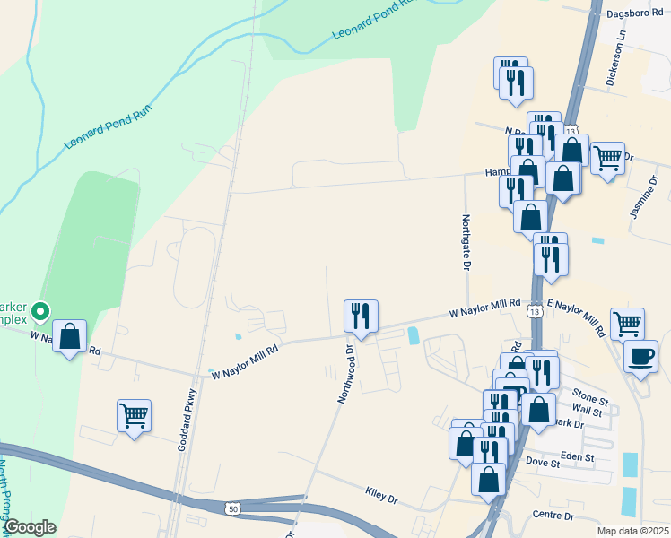 map of restaurants, bars, coffee shops, grocery stores, and more near 303 West Naylor Mill Road in Salisbury