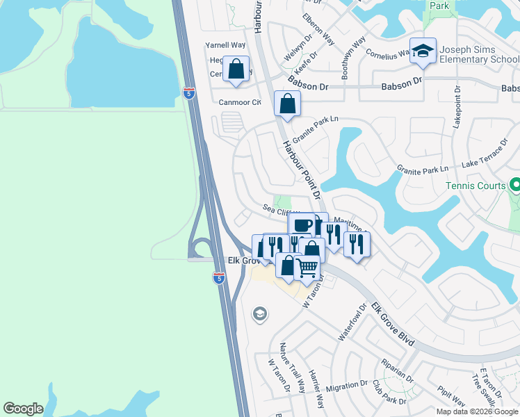 map of restaurants, bars, coffee shops, grocery stores, and more near 9463 Sea Cliff Way in Elk Grove