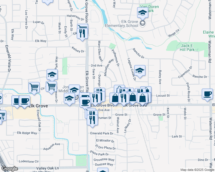 map of restaurants, bars, coffee shops, grocery stores, and more near 9513 Nut Tree Court in Elk Grove