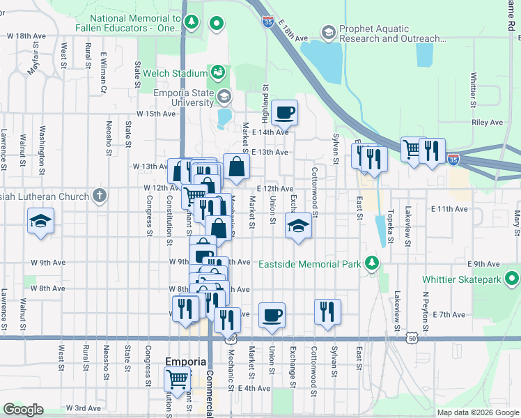map of restaurants, bars, coffee shops, grocery stores, and more near 1122 Market St in Emporia