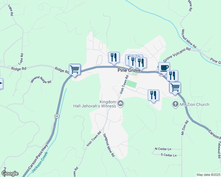 map of restaurants, bars, coffee shops, grocery stores, and more near 14041 Hooper Court in Pine Grove