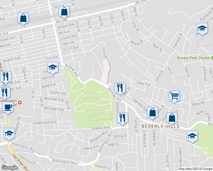 map of restaurants, bars, coffee shops, grocery stores, and more near Huntington State Hospital Road in Huntington