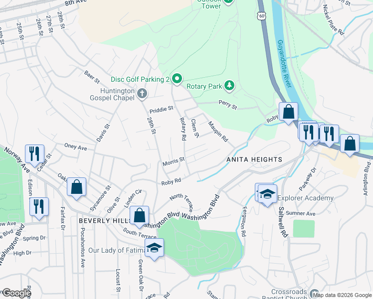 map of restaurants, bars, coffee shops, grocery stores, and more near 306 Rotary Road in Huntington