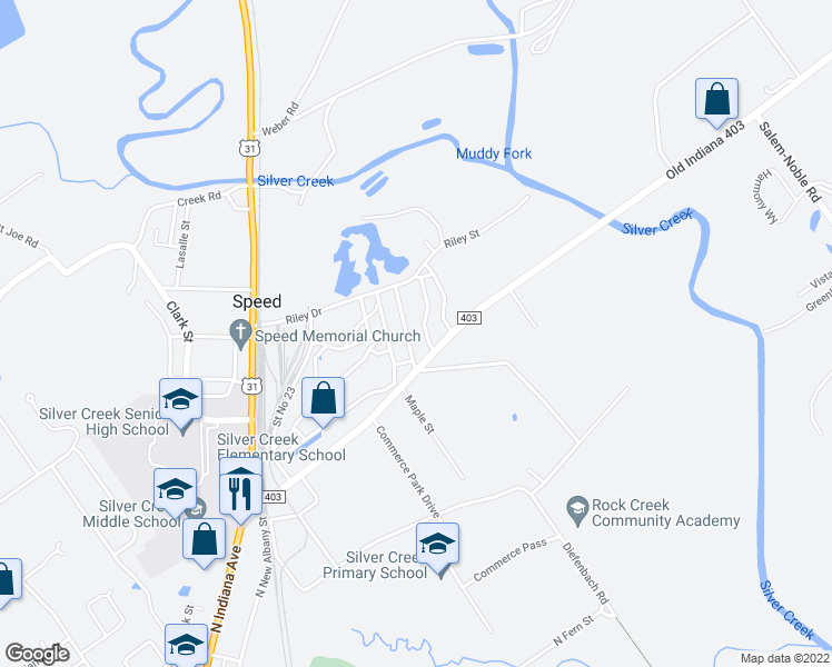 map of restaurants, bars, coffee shops, grocery stores, and more near 621 Lincoln Boulevard in Sellersburg