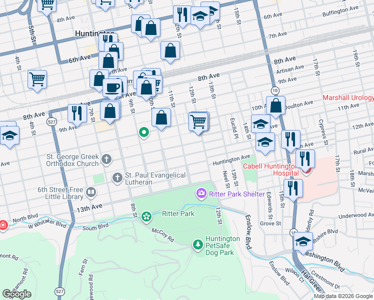 map of restaurants, bars, coffee shops, grocery stores, and more near 1112 11th Avenue in Huntington