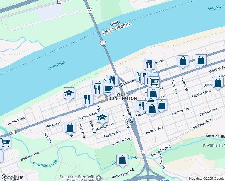 map of restaurants, bars, coffee shops, grocery stores, and more near 1701 Washington Avenue in Huntington