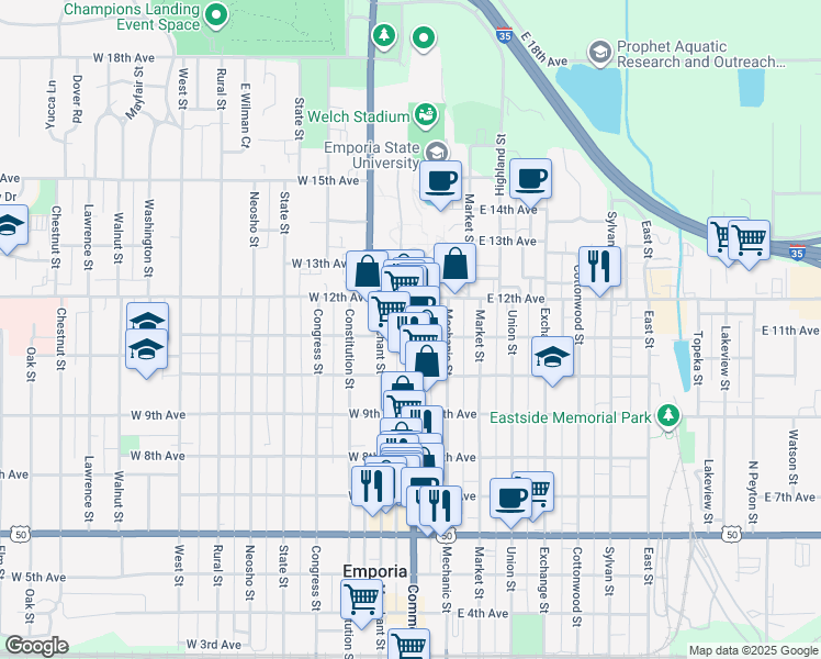 map of restaurants, bars, coffee shops, grocery stores, and more near 1124 Commercial Street in Emporia