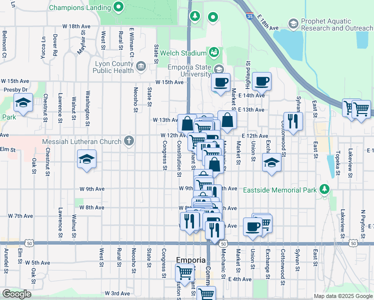 map of restaurants, bars, coffee shops, grocery stores, and more near 99 West 12th Avenue in Emporia