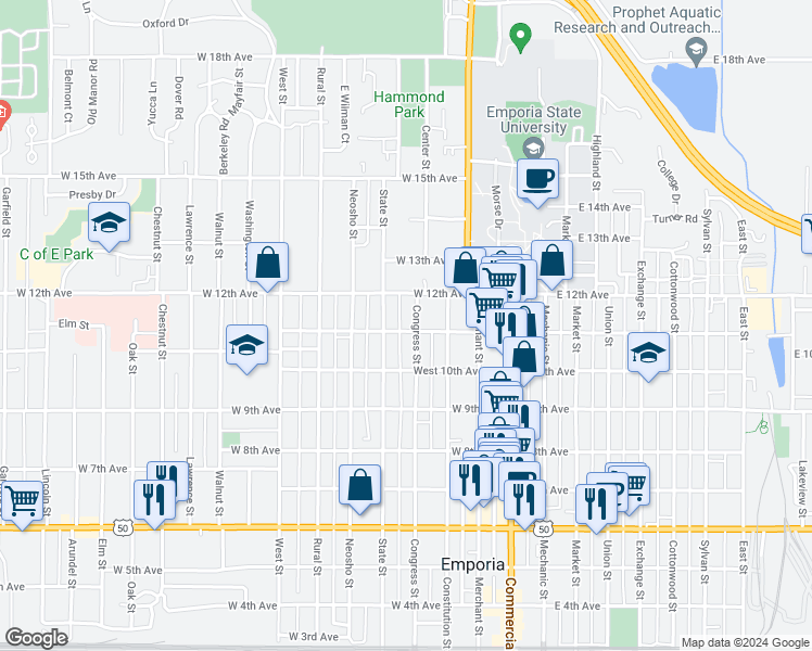 map of restaurants, bars, coffee shops, grocery stores, and more near 311 West 12th Avenue in Emporia
