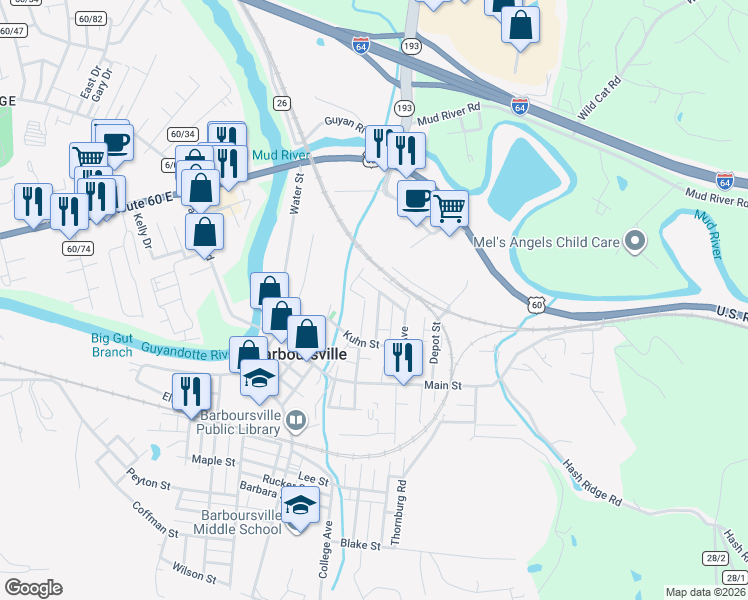 map of restaurants, bars, coffee shops, grocery stores, and more near 111 Campbell Street in Barboursville