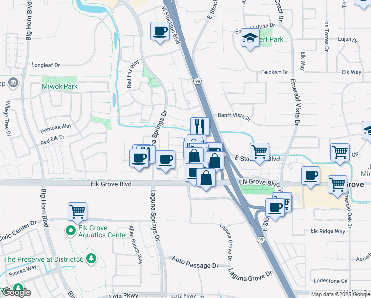 map of restaurants, bars, coffee shops, grocery stores, and more near 9624 Oak Reserve Lane in Elk Grove