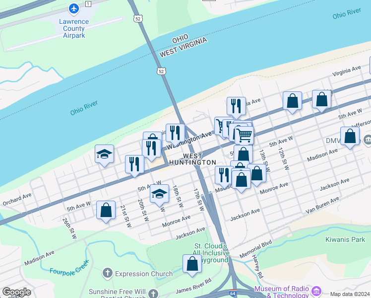map of restaurants, bars, coffee shops, grocery stores, and more near 1669 Washington Avenue in Huntington