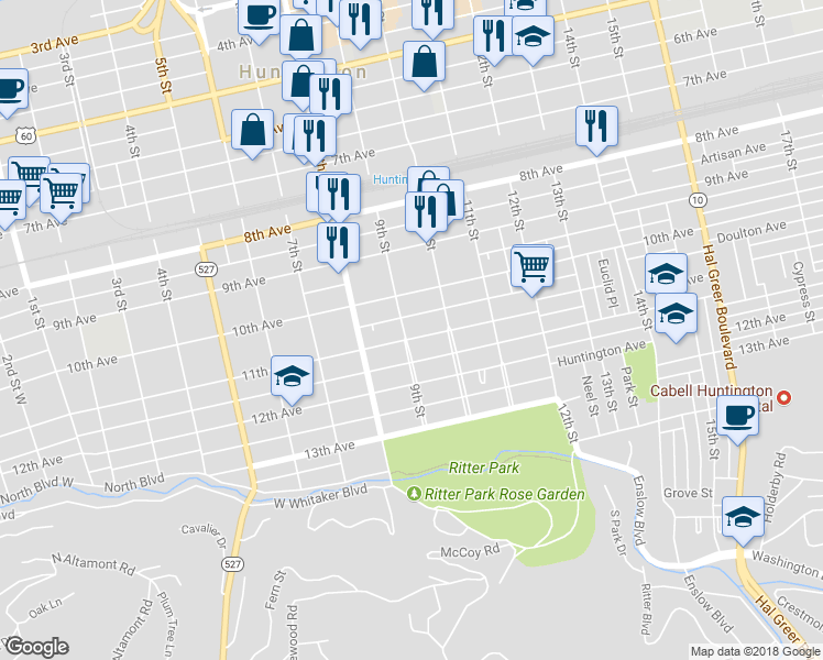 map of restaurants, bars, coffee shops, grocery stores, and more near 902 11th Avenue in Huntington