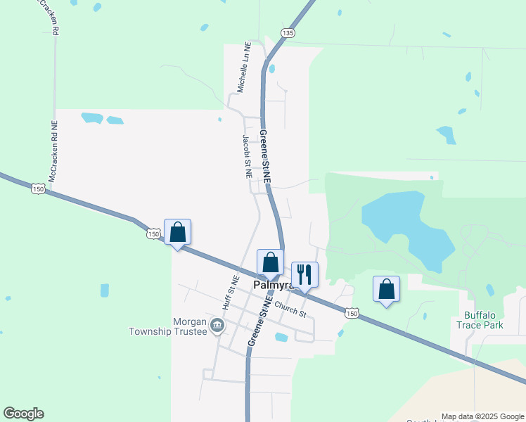 map of restaurants, bars, coffee shops, grocery stores, and more near 14475 Greene Street Northeast in Palmyra