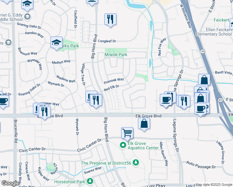 map of restaurants, bars, coffee shops, grocery stores, and more near 8213 Starburst Lane in Elk Grove
