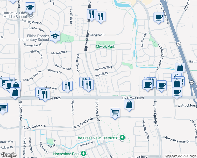 map of restaurants, bars, coffee shops, grocery stores, and more near 9534 Sunlight Lane in Elk Grove