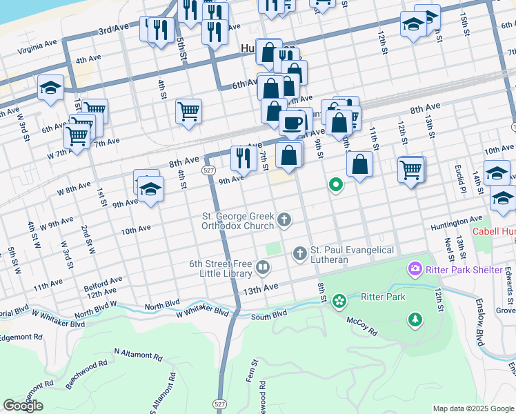 map of restaurants, bars, coffee shops, grocery stores, and more near 619 10th Avenue in Huntington