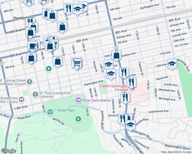 map of restaurants, bars, coffee shops, grocery stores, and more near 1350 Charleston Avenue in Huntington