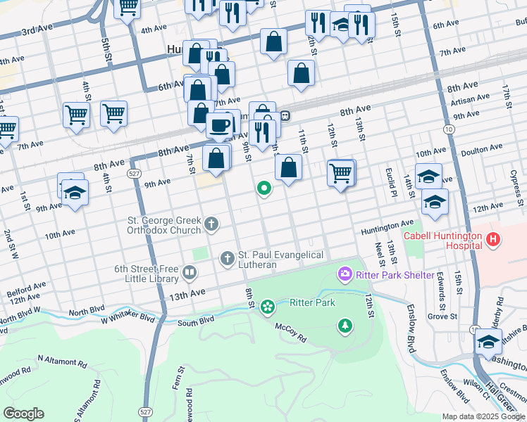 map of restaurants, bars, coffee shops, grocery stores, and more near 935 10th Avenue in Huntington