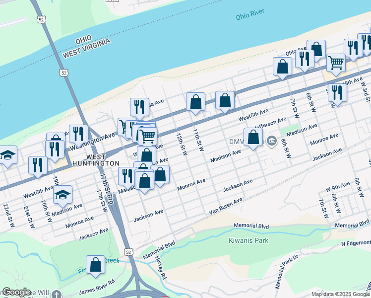 map of restaurants, bars, coffee shops, grocery stores, and more near 1123 5th Avenue West in Huntington