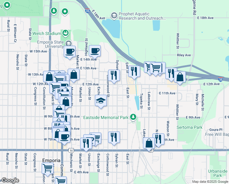map of restaurants, bars, coffee shops, grocery stores, and more near 519 East 12th Avenue in Emporia