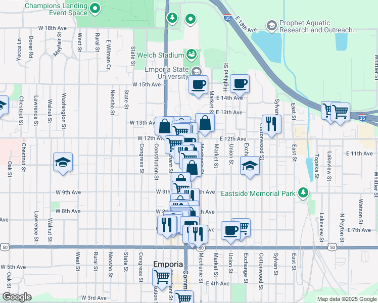 map of restaurants, bars, coffee shops, grocery stores, and more near 1124 Commercial Street in Emporia