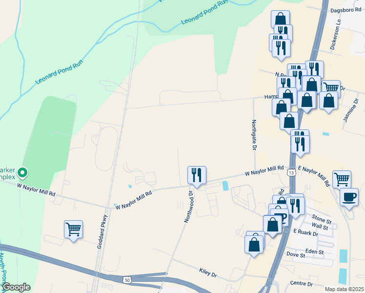 map of restaurants, bars, coffee shops, grocery stores, and more near 305 West Naylor Mill Road in Salisbury