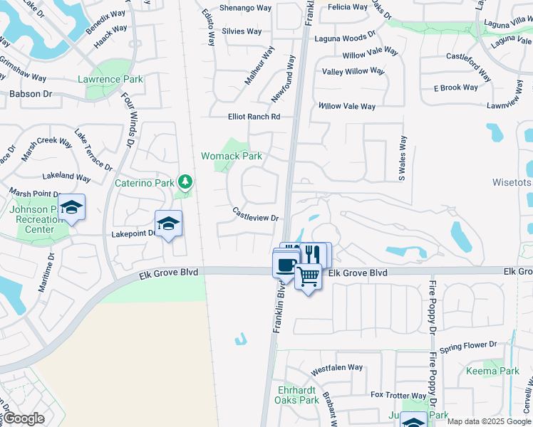 map of restaurants, bars, coffee shops, grocery stores, and more near 9496 Madrid Way in Elk Grove