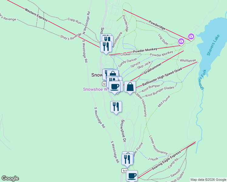 map of restaurants, bars, coffee shops, grocery stores, and more near 6 Stemwinder Street in Slaty Fork
