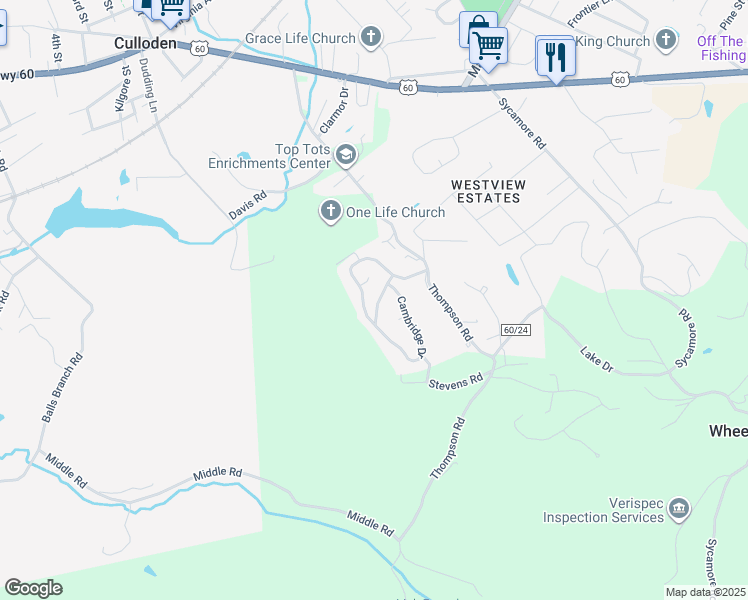map of restaurants, bars, coffee shops, grocery stores, and more near 156 Westminster Drive in Culloden
