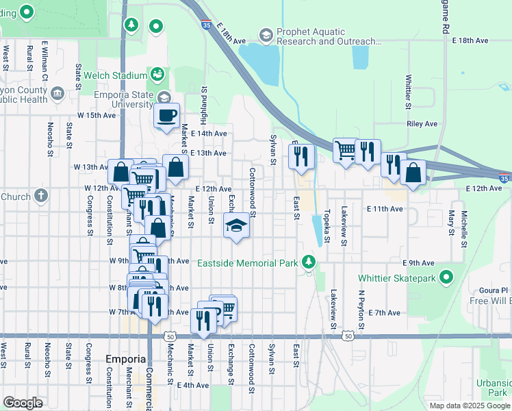 map of restaurants, bars, coffee shops, grocery stores, and more near 416 East 12th Avenue in Emporia
